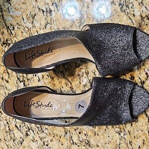 LifeStride Caren Half D'Orsay Pumps Black Silver Glitter Peep Toe Heels size 7